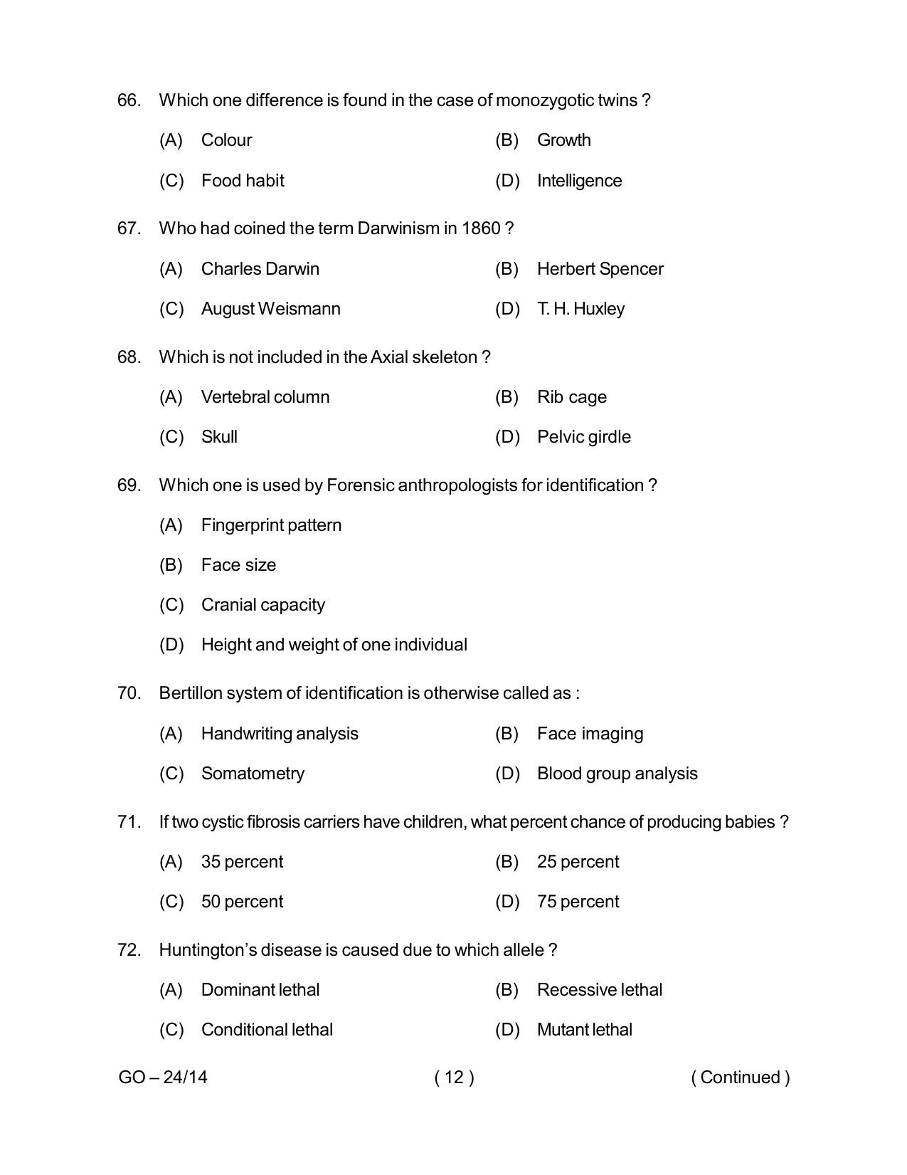 Odisha CPET 2024 ANTHROPOLOGY (SCIENCE) Question Paper - Page 12