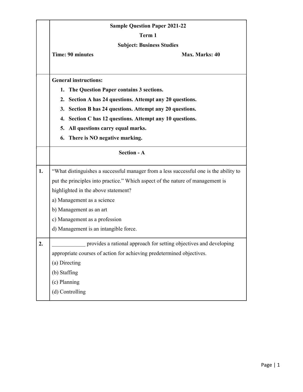 CBSE Class 12th Business Studies Sample Question Paper 2021-22 - Page 1