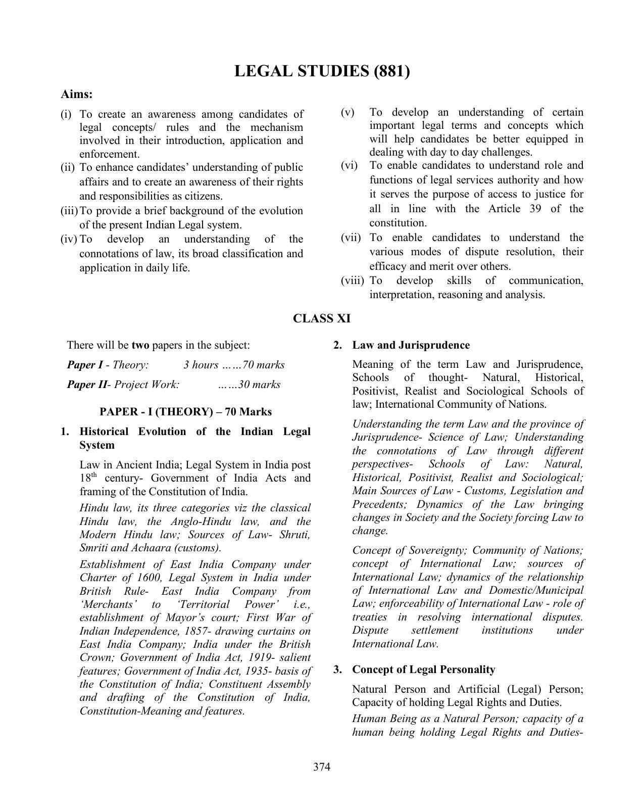 ISC Class XI & XII Legal Studies Syllabus - Page 1