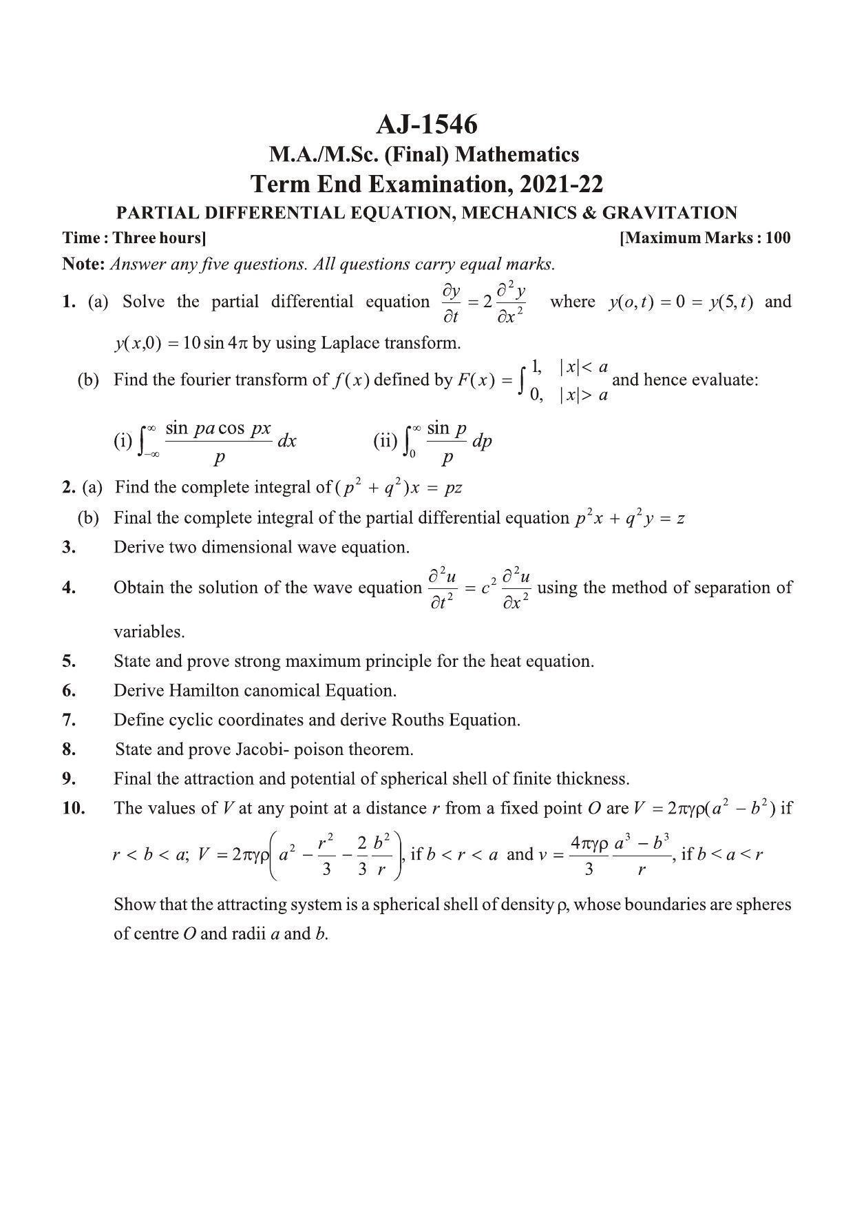 Bilaspur University Question Paper 2021-2022:M.Sc (Final) Mathematics Partial Differential Equations,Machanics & Gravitation Paper 1 - Page 1