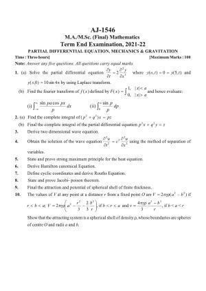 Bilaspur University Question Paper 2021-2022:M.Sc (Final) Mathematics Partial Differential Equations,Machanics & Gravitation Paper 1