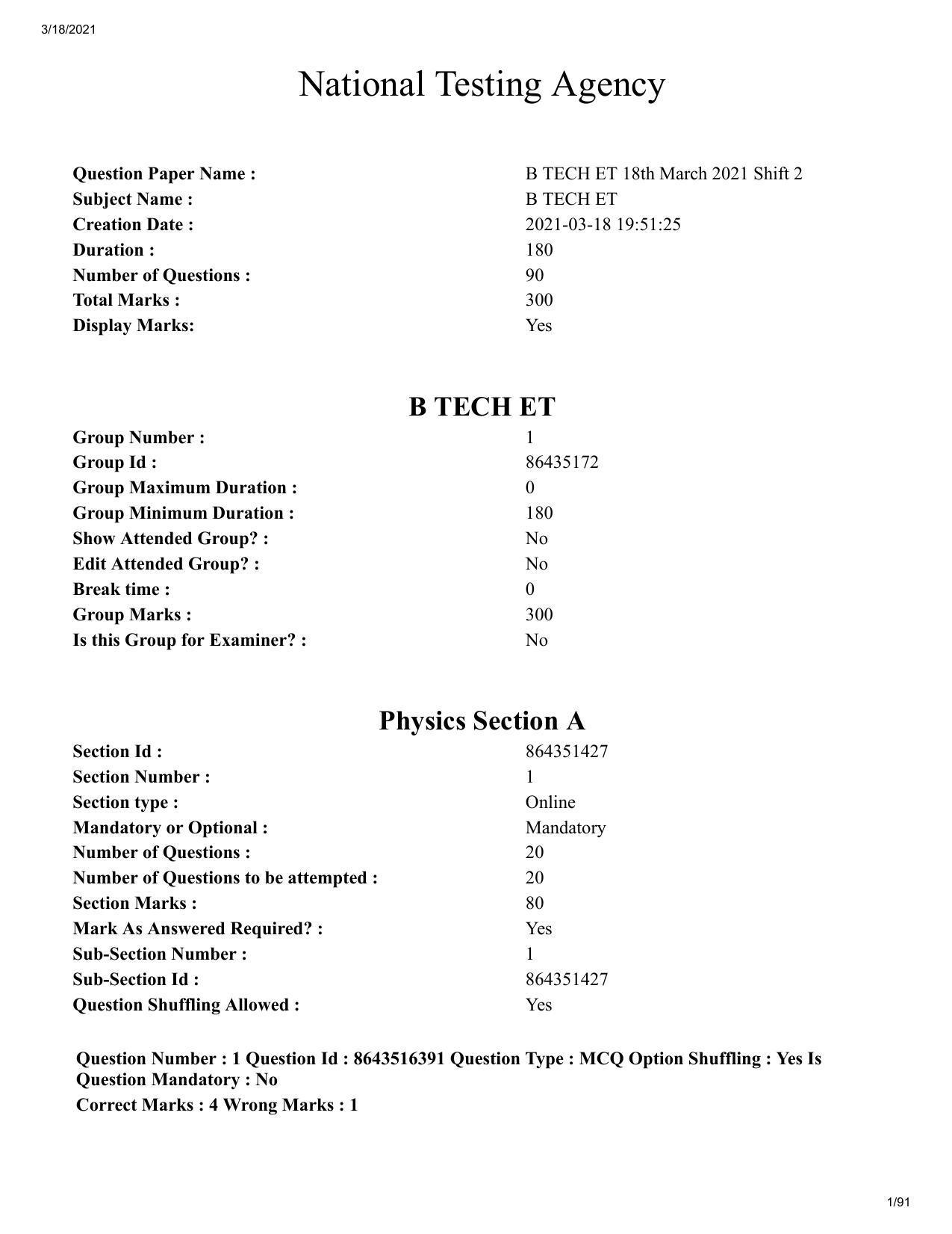 JEE Mains 2021: BTech ET (Shift 2) 18-03-2021 Question Paper - Page 1