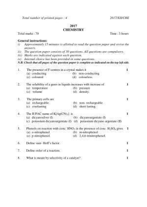 Nagaland Board Class 12 CHEMISTRY 2017 Question Papers