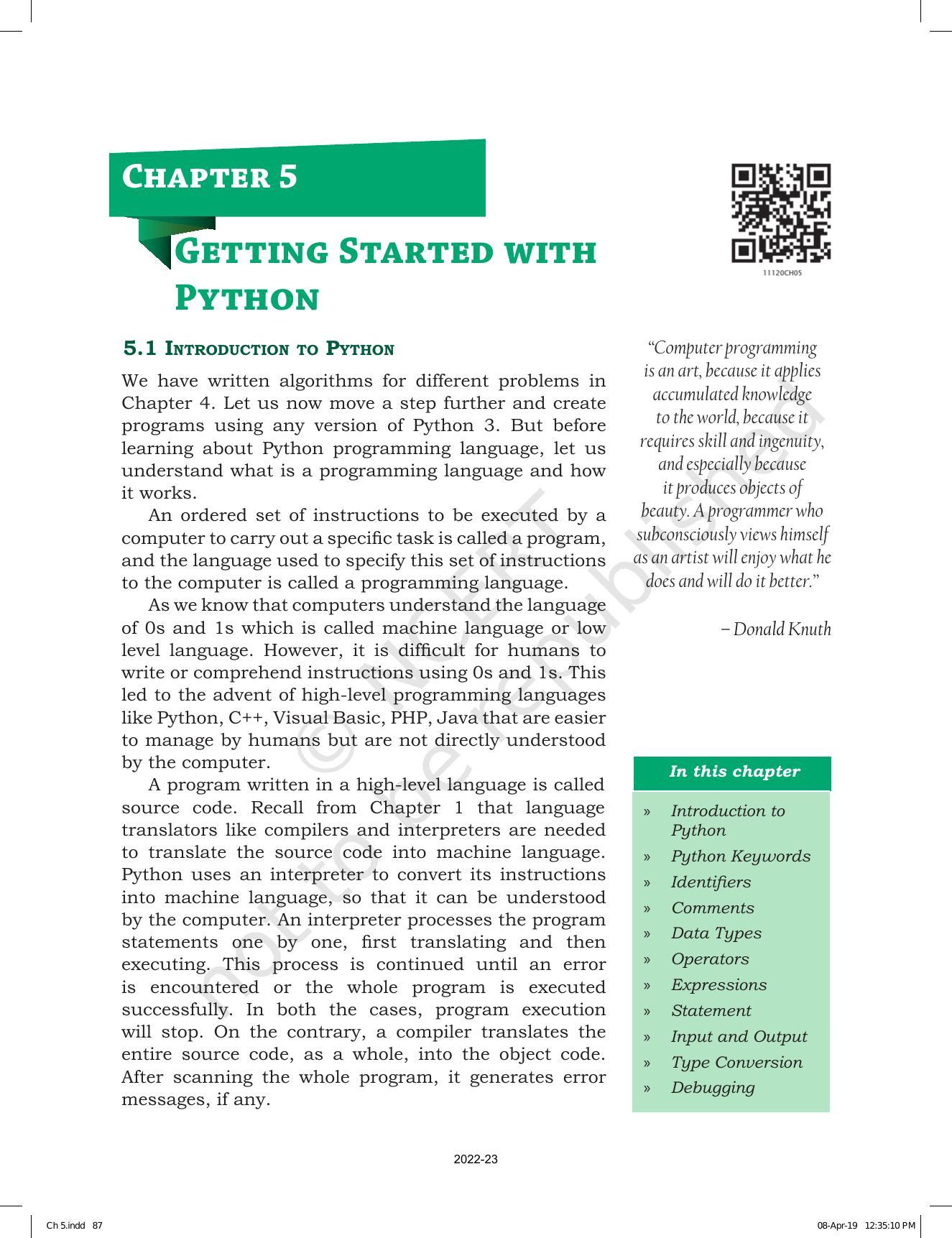 NCERT Book for Class 11 Computer Science Chapter 5 Getting Started with Python - Page 1