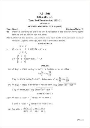 Bilaspur University Question Paper 2021-2022:B.B.A. Part-I (One) (II) Business Mathematics Paper 2