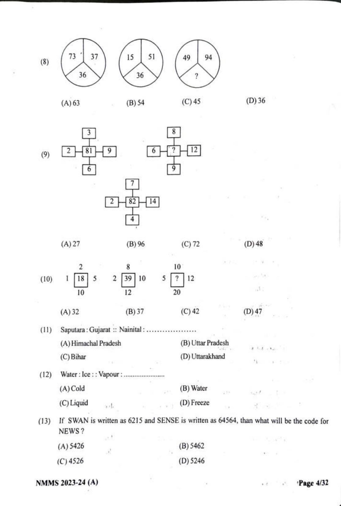 Gujarat NMMS 2024 SAT English Medium SET A Question Paper - Page 4