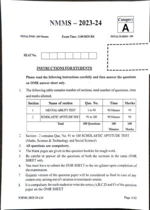 Gujarat NMMS 2024 SAT English Medium SET A Question Paper