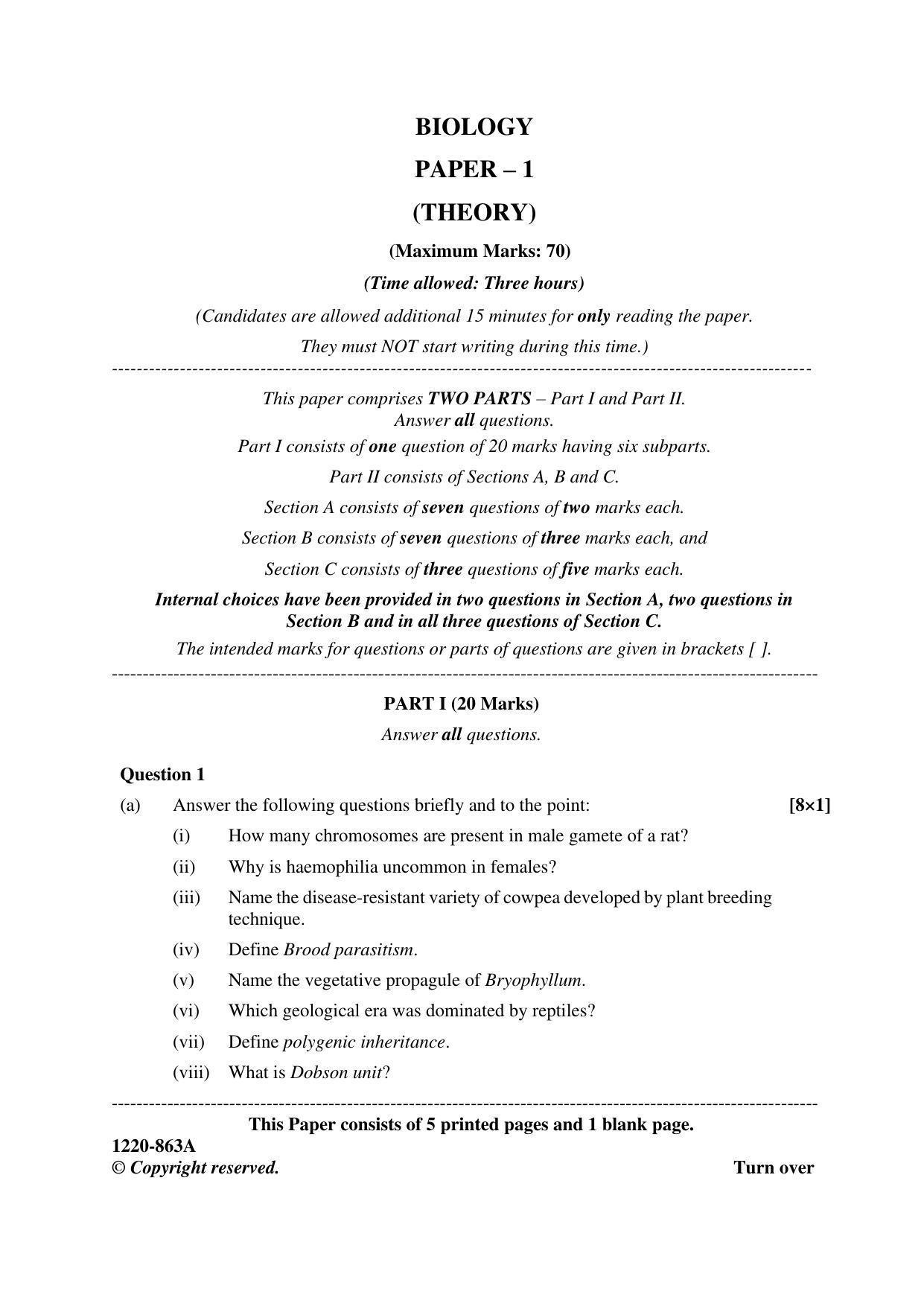 ISC Class 12 2020 Biology Paper I Question Paper - Page 1