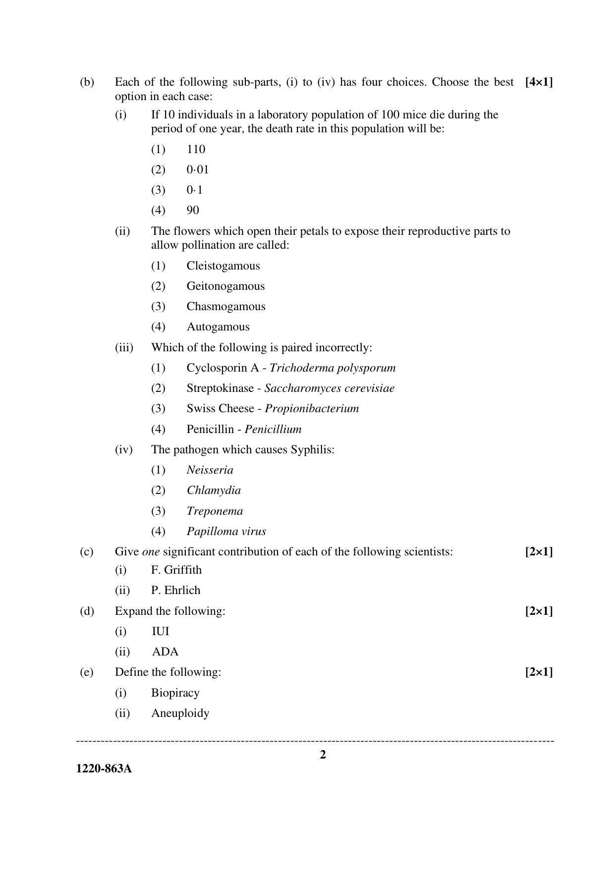 ISC Class 12 2020 Biology Paper I Question Paper - Page 2