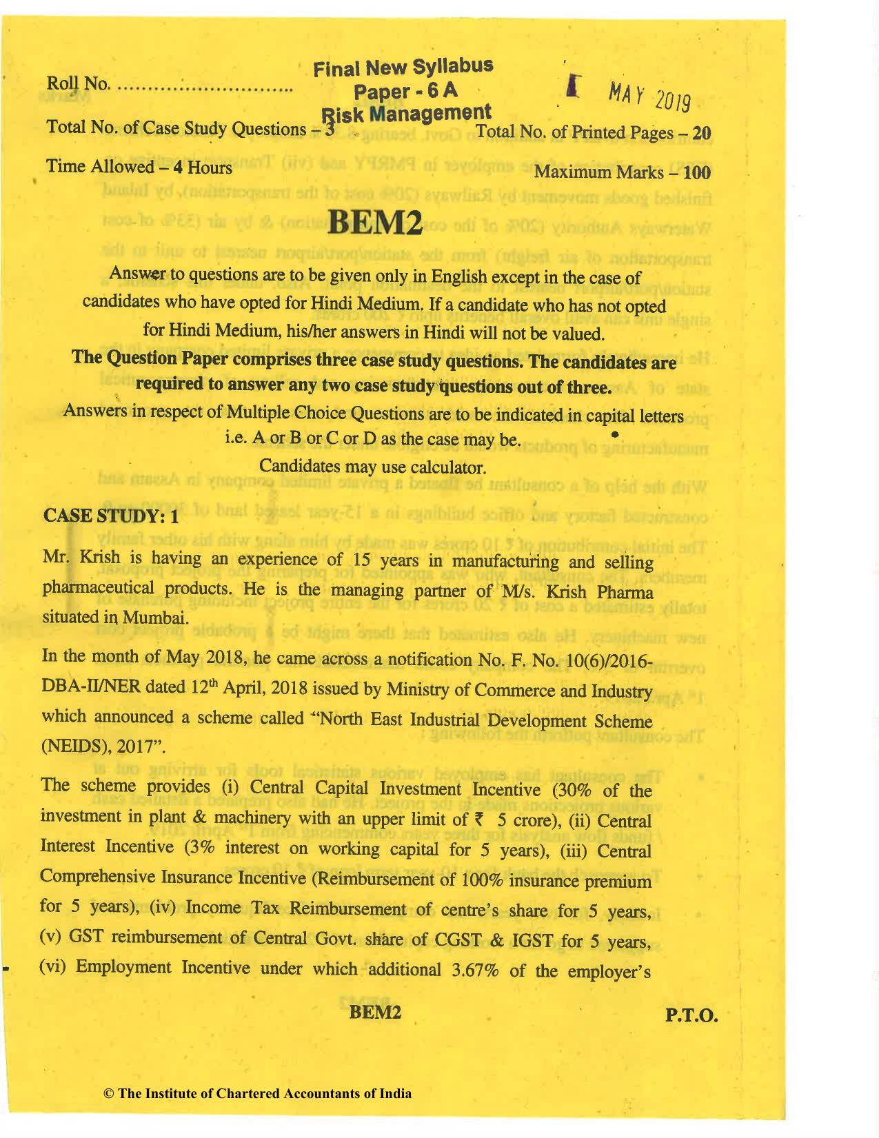 CA Final May 2019 Question Paper - Paper 6A – Risk Management - Page 1