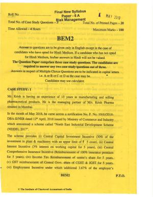 CA Final May 2019 Question Paper - Paper 6A – Risk Management