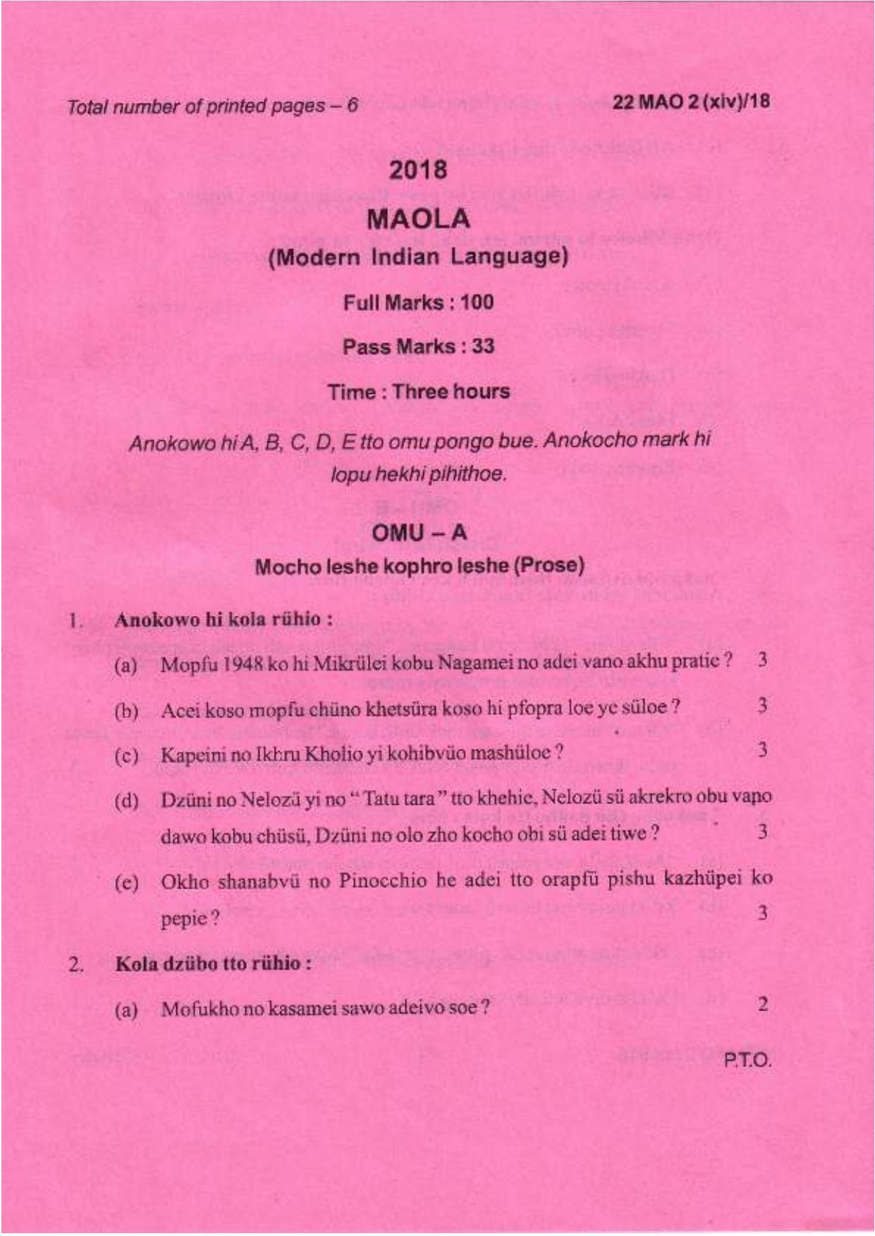 COHSEM Class 12 Mao-La (M.I.L) 2018 Question Papers - Page 1