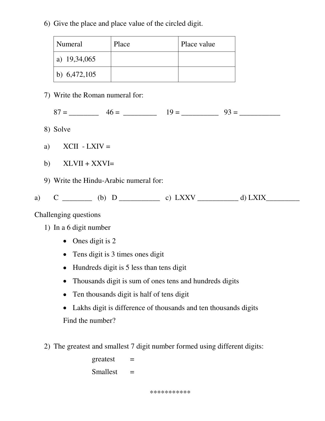 Worksheet for Class 5 Maths Place Value Assignment - Page 3