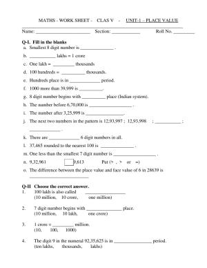 Worksheet for Class 5 Maths Place Value Assignment