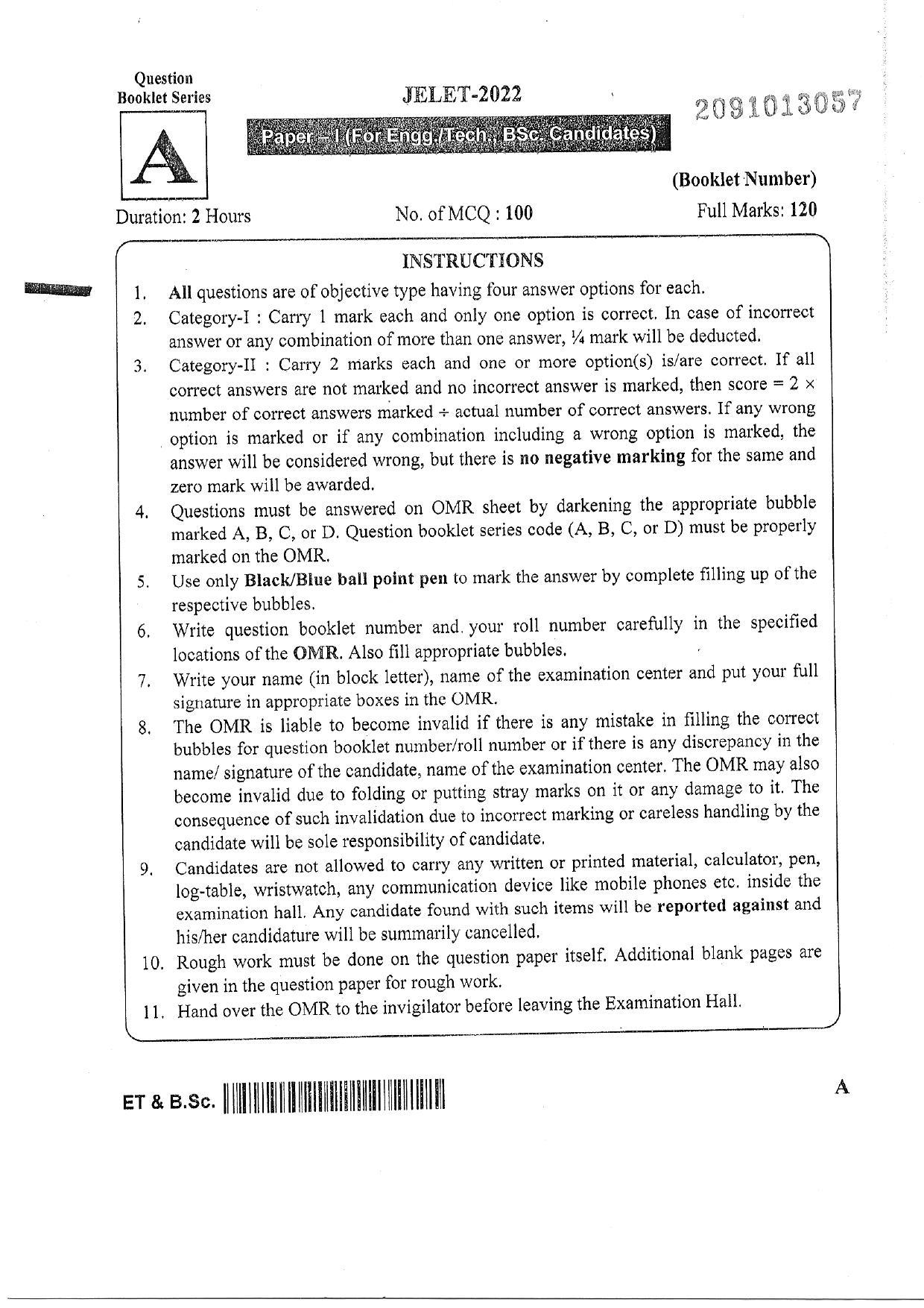 WBJEE  JELET 2022 Paper I ( Engg Tech/B.Sc) - Page 1