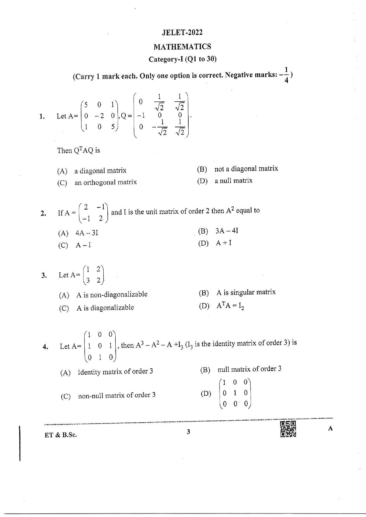 WBJEE  JELET 2022 Paper I ( Engg Tech/B.Sc) - Page 3