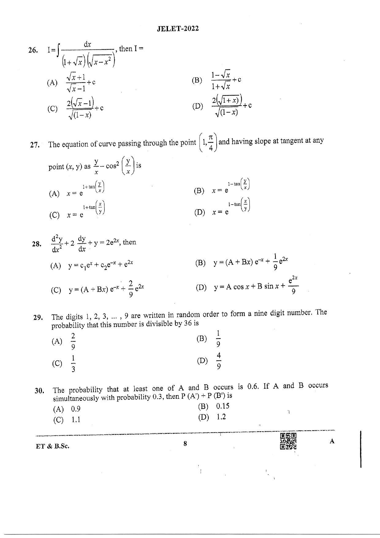 WBJEE  JELET 2022 Paper I ( Engg Tech/B.Sc) - Page 8