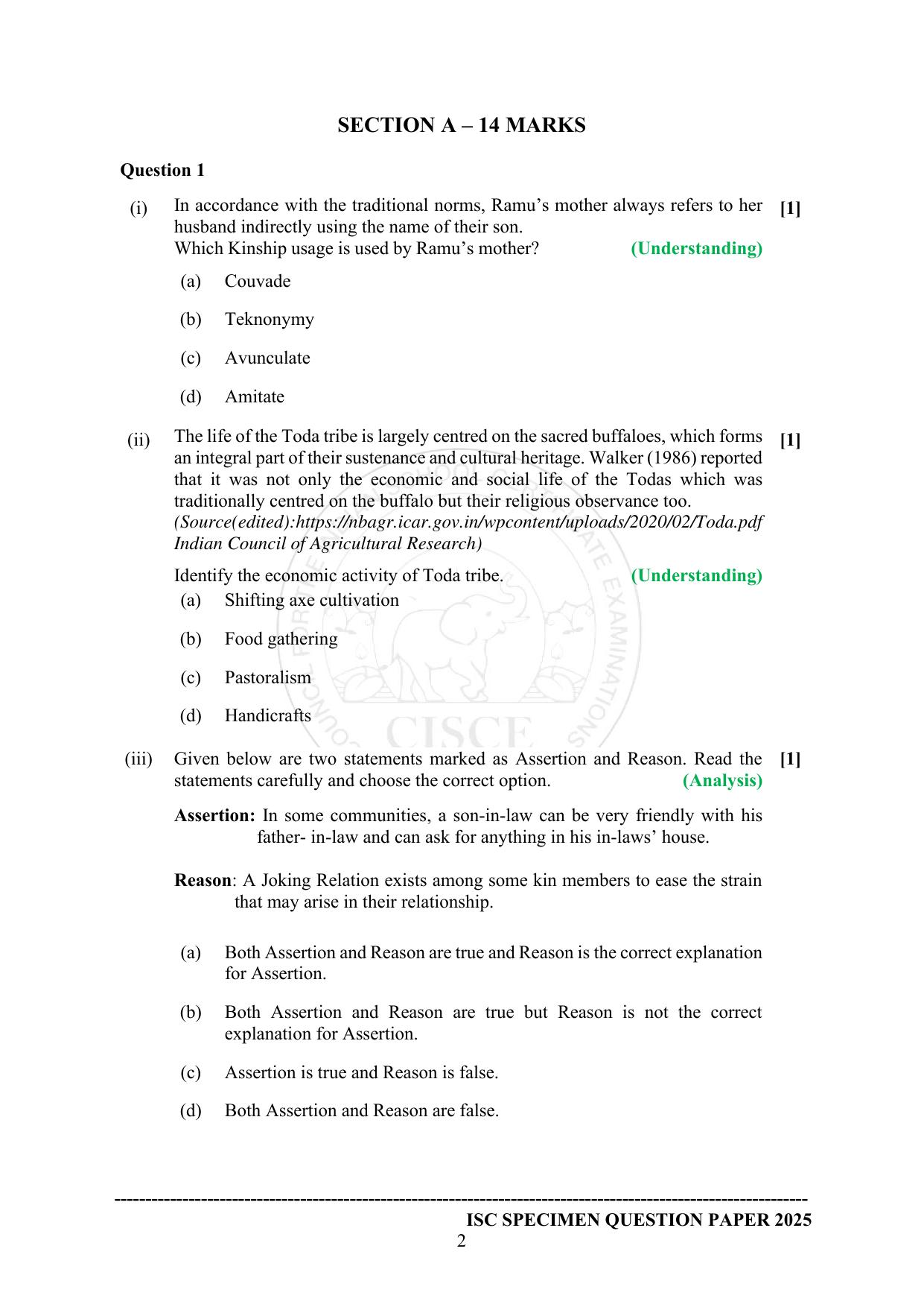 ISC Class 12 2025 SOCIOLOGY (SQP & AK) Specimen Paper - Page 2