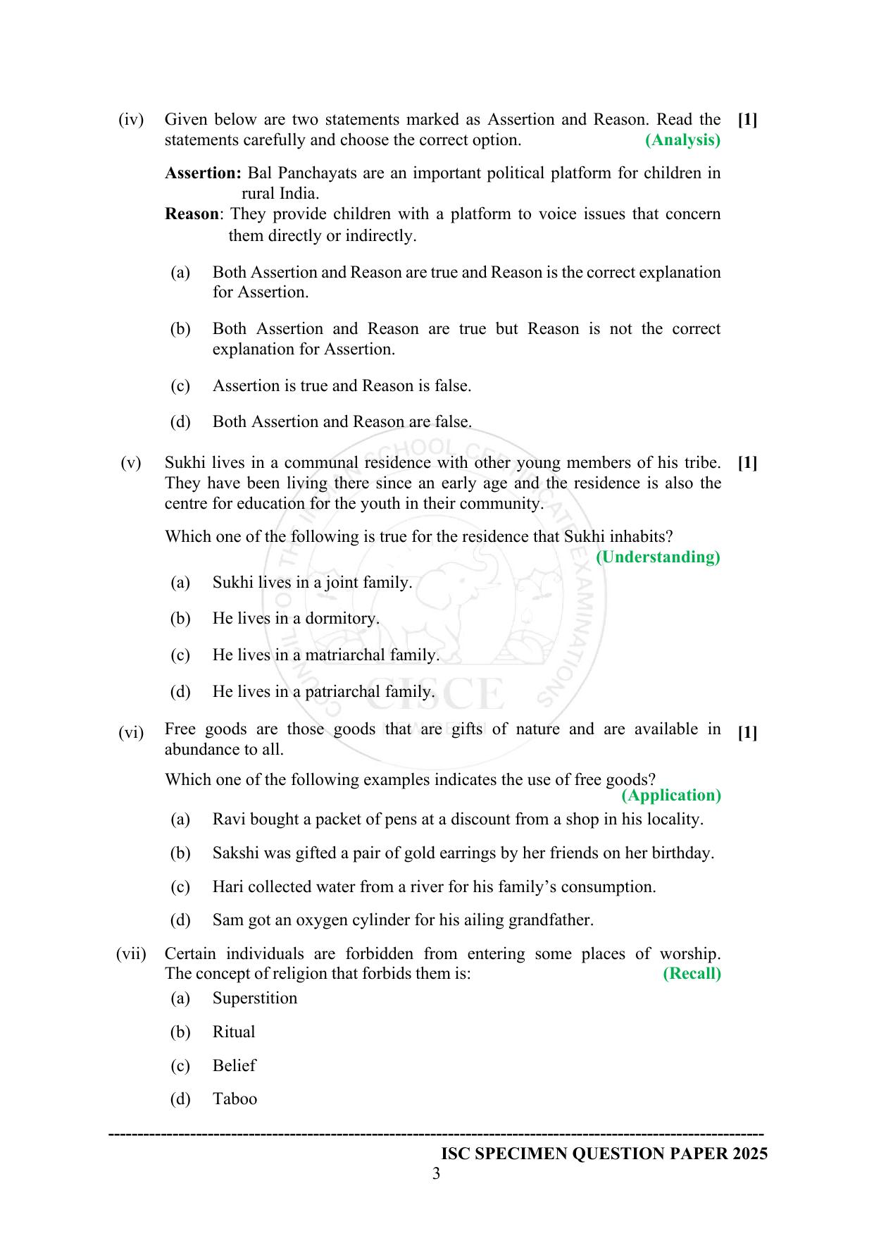 ISC Class 12 2025 SOCIOLOGY (SQP & AK) Specimen Paper - Page 3
