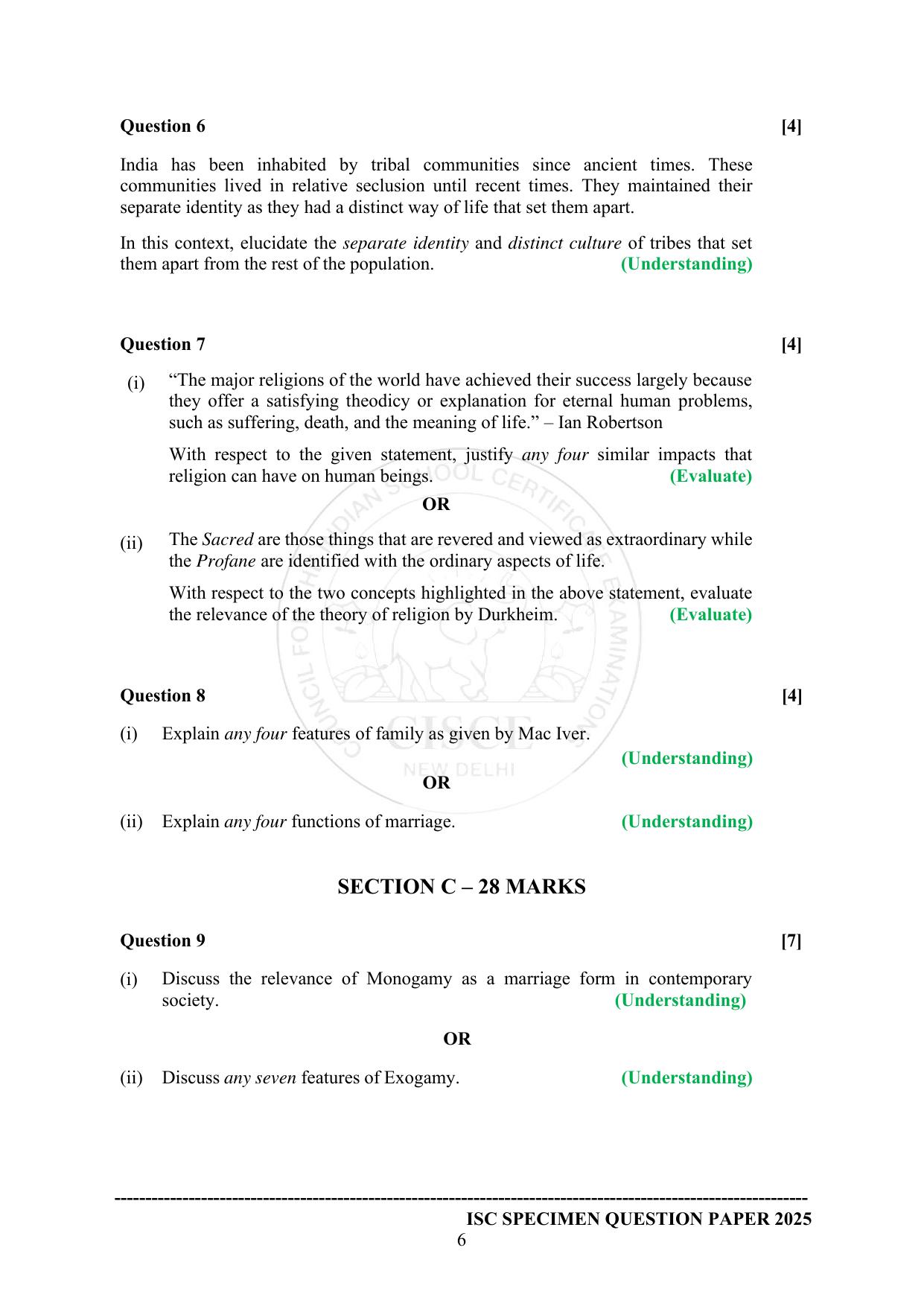 ISC Class 12 2025 SOCIOLOGY (SQP & AK) Specimen Paper - Page 6