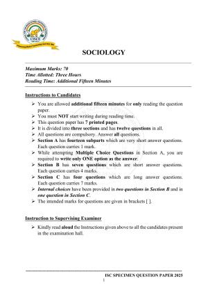 ISC Class 12 2025 SOCIOLOGY (SQP & AK) Specimen Paper