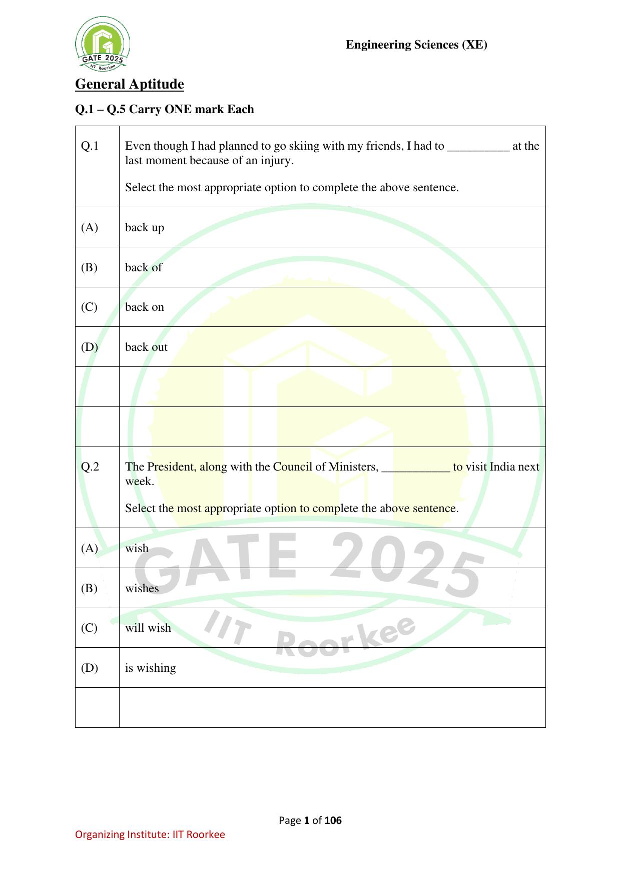 GATE 2025 Engineering Sciences (XE) Question Paper - Page 1