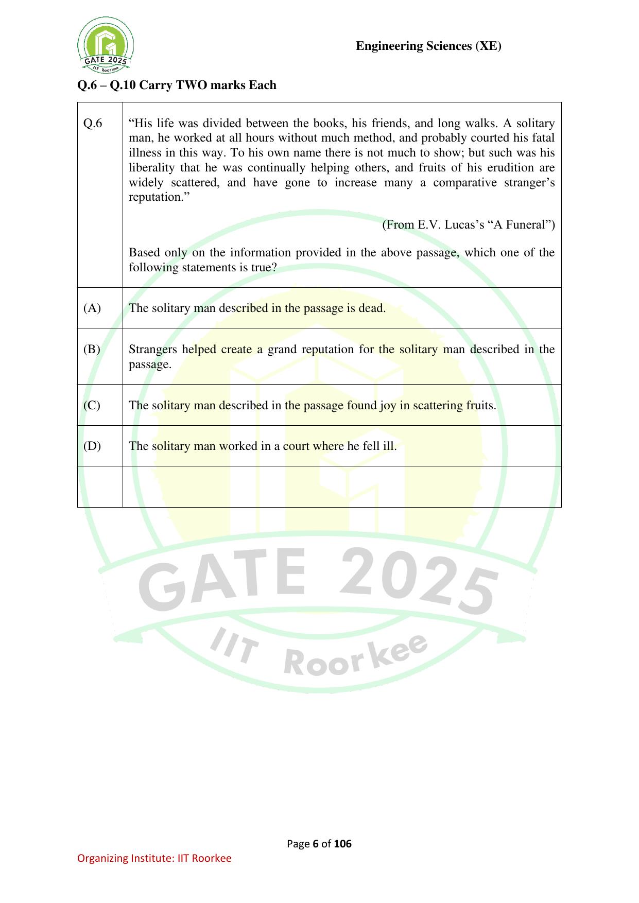 GATE 2025 Engineering Sciences (XE) Question Paper - Page 6