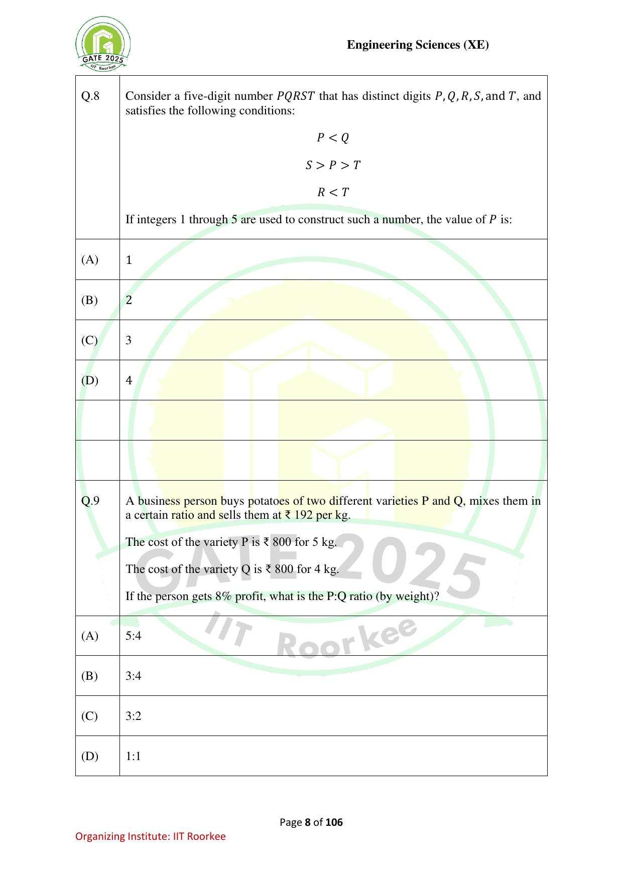 GATE 2025 Engineering Sciences (XE) Question Paper - Page 8