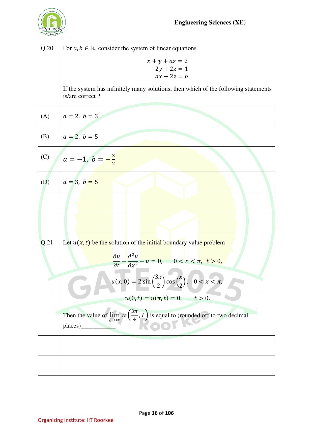 GATE 2025 Engineering Sciences (XE) Question Paper - Page 16