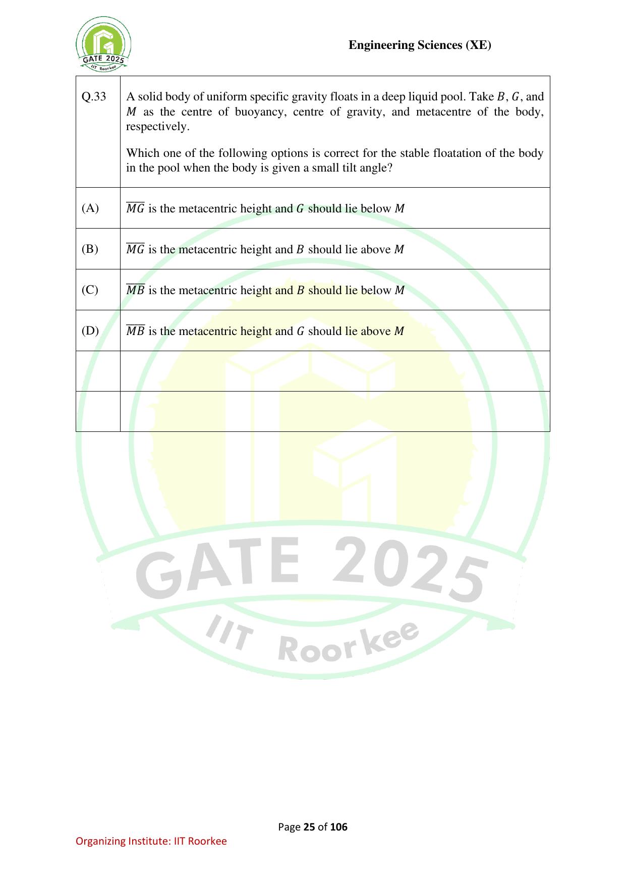 GATE 2025 Engineering Sciences (XE) Question Paper - Page 25