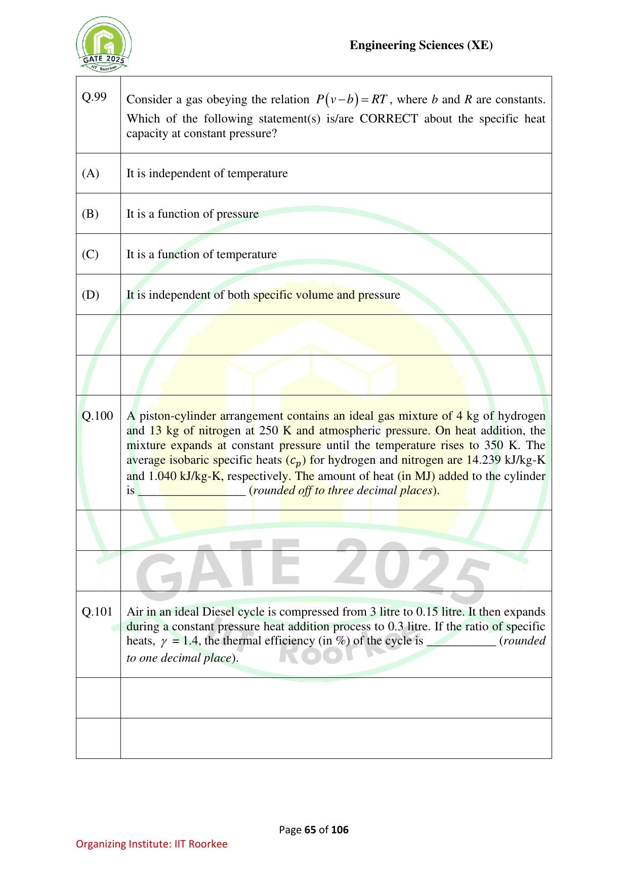 GATE 2025 Engineering Sciences (XE) Question Paper - Page 65