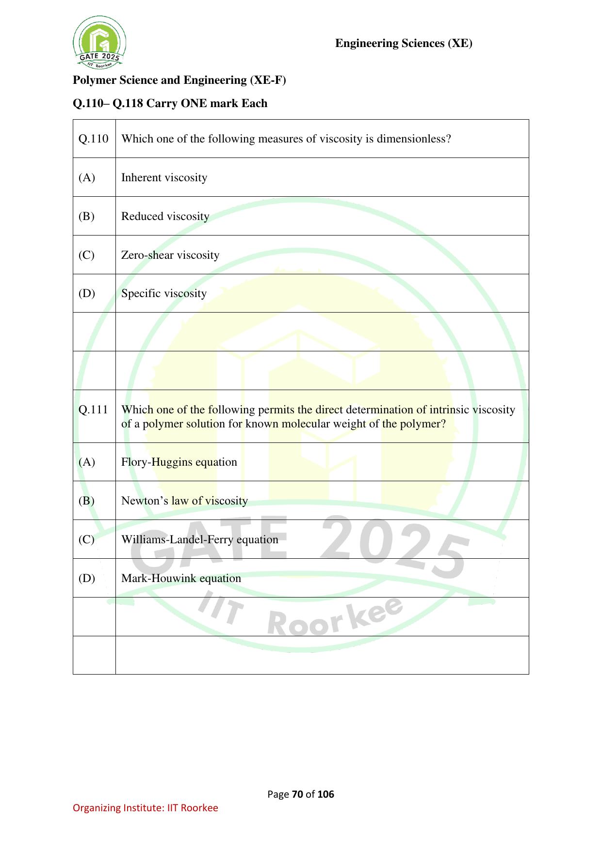 GATE 2025 Engineering Sciences (XE) Question Paper - Page 70
