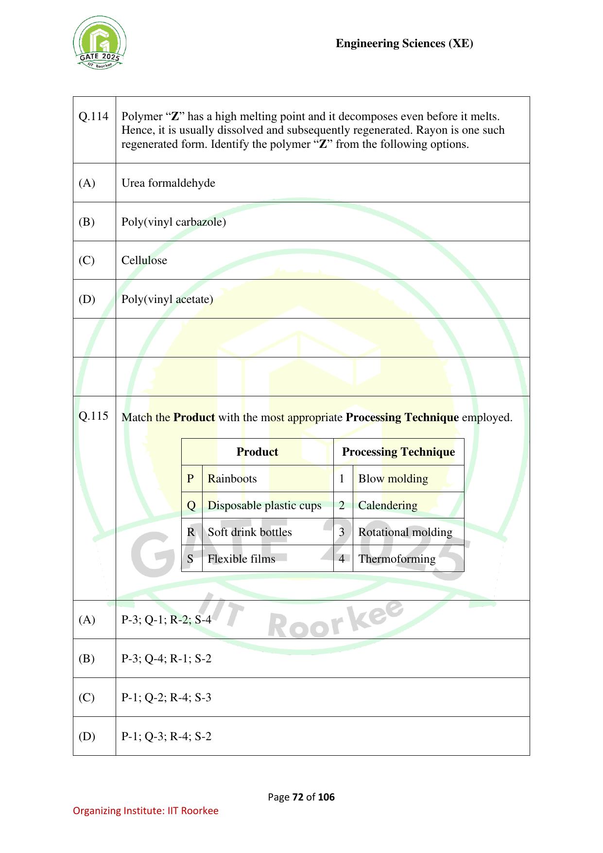 GATE 2025 Engineering Sciences (XE) Question Paper - Page 72