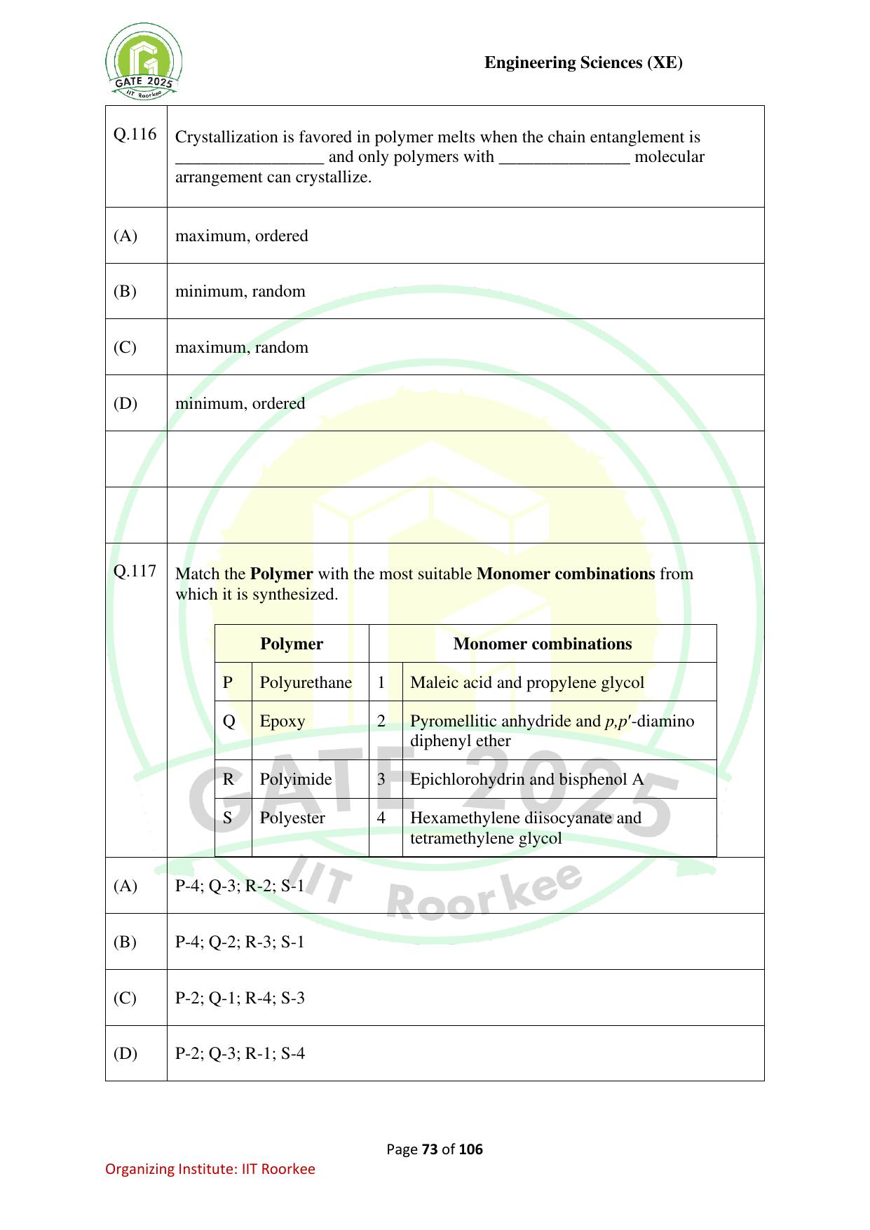 GATE 2025 Engineering Sciences (XE) Question Paper - Page 73