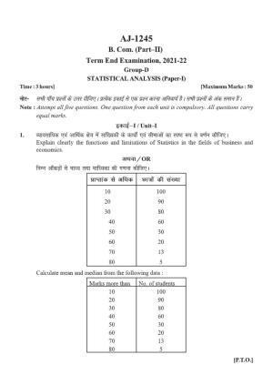 Bilaspur University Question Paper 2021-2022: B.COM Part-II (Two) (10+2+3) T.P.P.  I. Statistical Analysis Paper 1