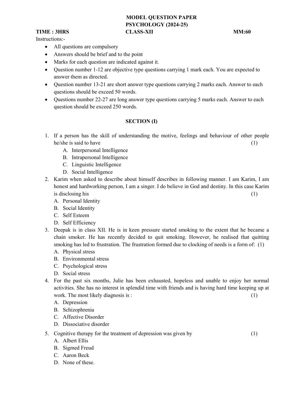 HPBOSE Class 12th Psychology Sample Question Papers 2025 - Page 1