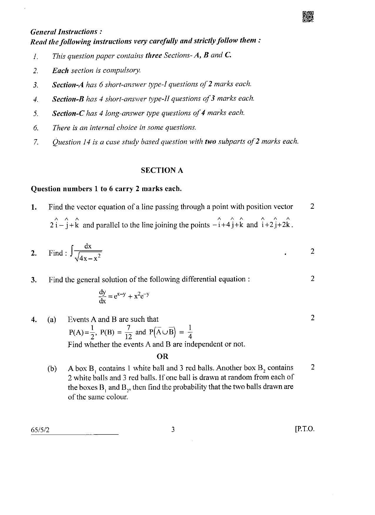 CBSE Class 12 65-5-2 Mathematics 2022 Question Paper - Page 3