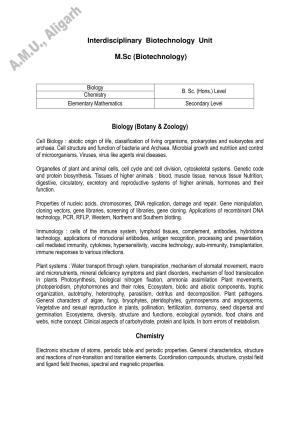 AMU Entrance Exam: M.Sc.- Biotechnology Syllabus
