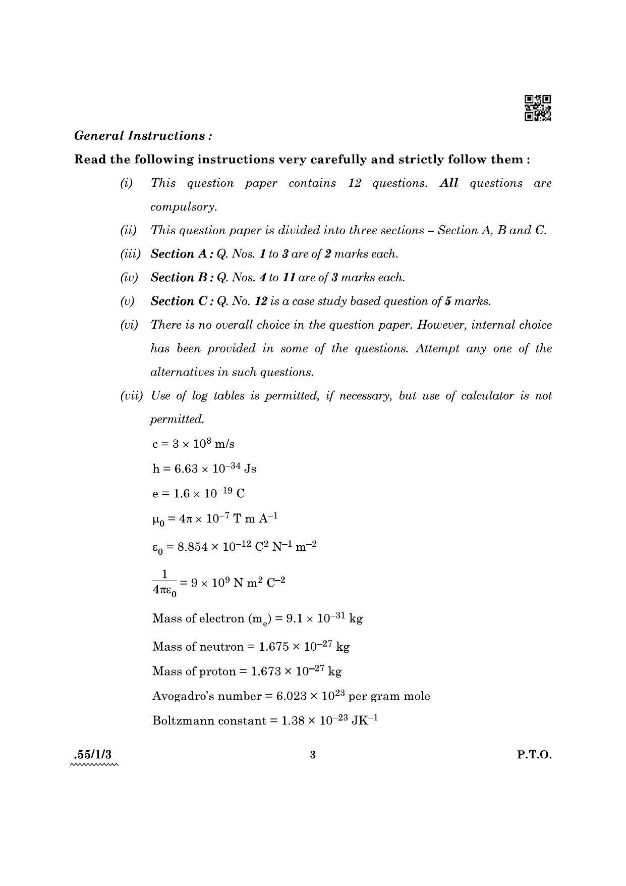 CBSE Class 12 55-1-3 Physics 2022 Question Paper - Page 3