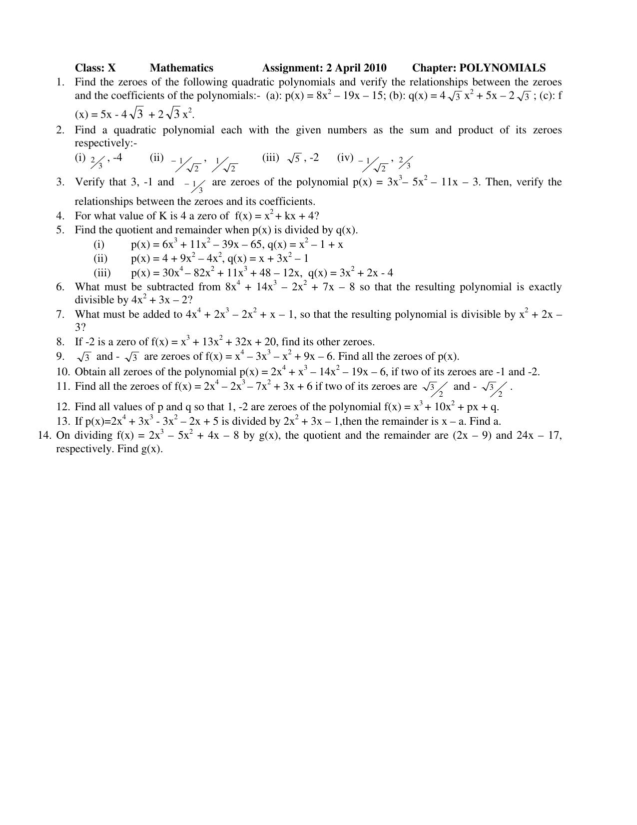 CBSE Worksheets for Class 10 Maths Polynomials Assignment 10 - Page 1