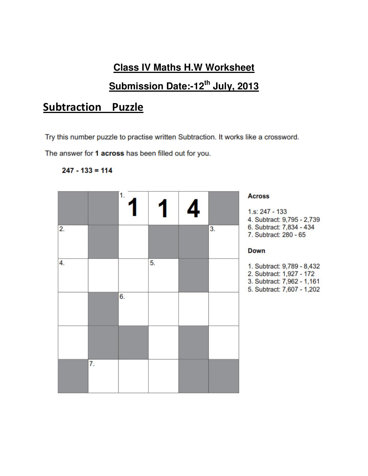 Worksheet for Class 4 Maths Assignment 31 Subtraction Puzzle - Page 1