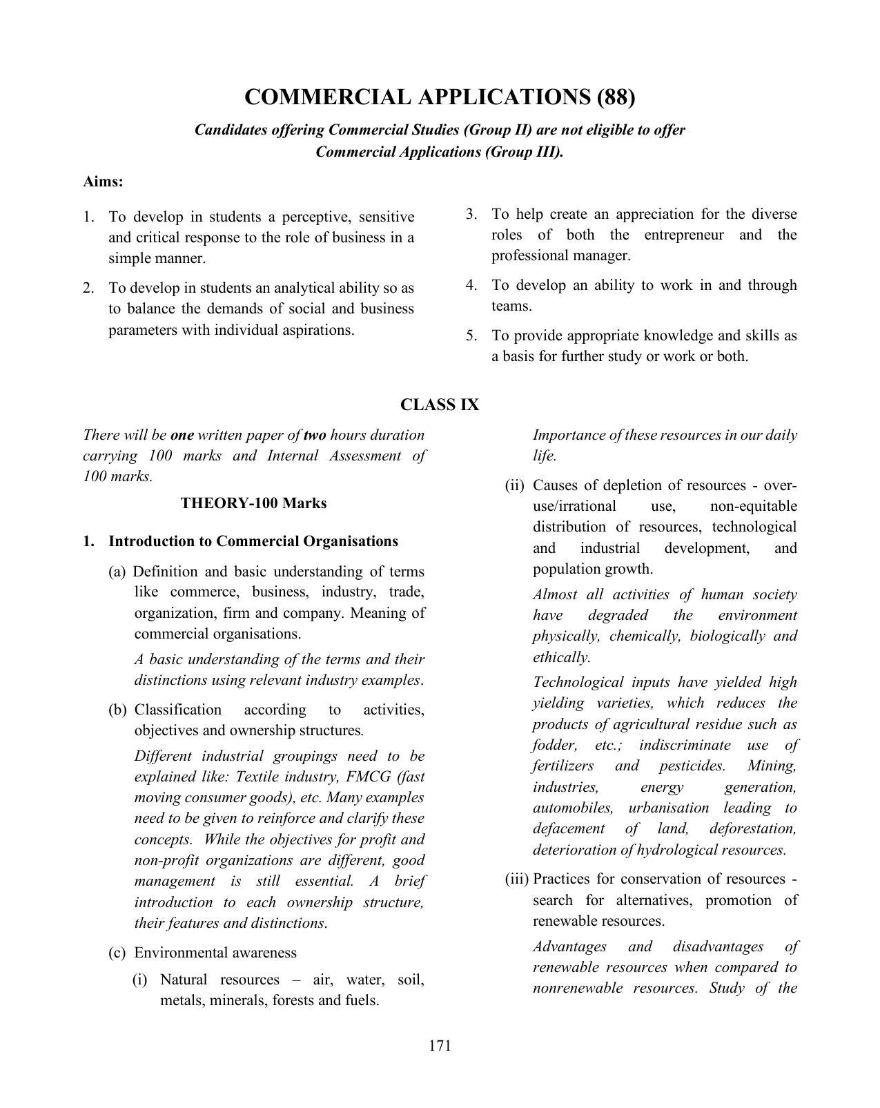 ICSE Commercial Applications Syllabus - Page 1