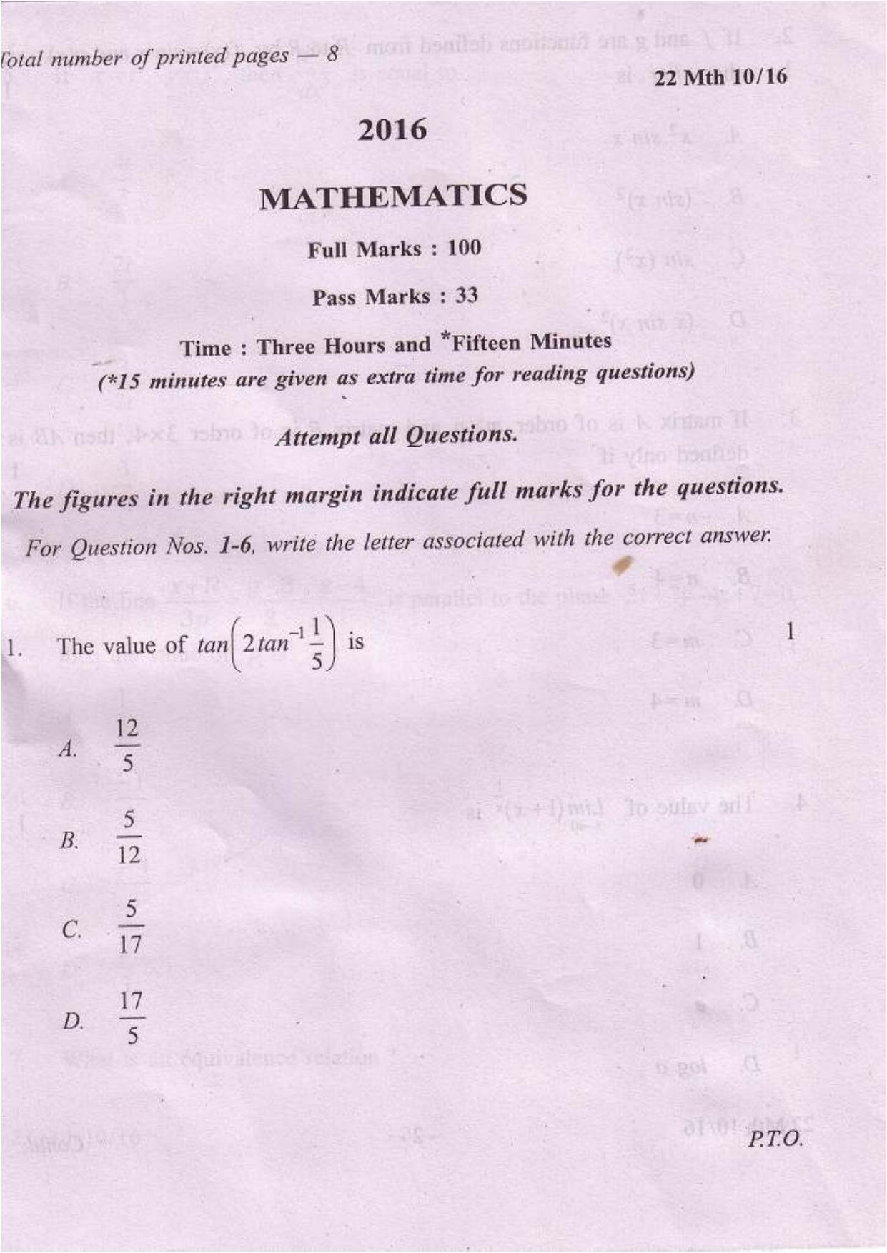 COHSEM Class 12 Mathematics 2016 Question Papers - Page 1