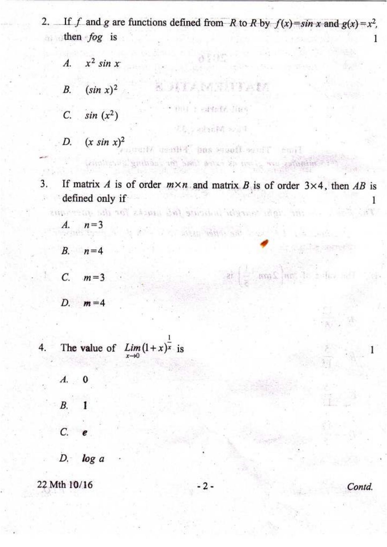 COHSEM Class 12 Mathematics 2016 Question Papers - Page 2