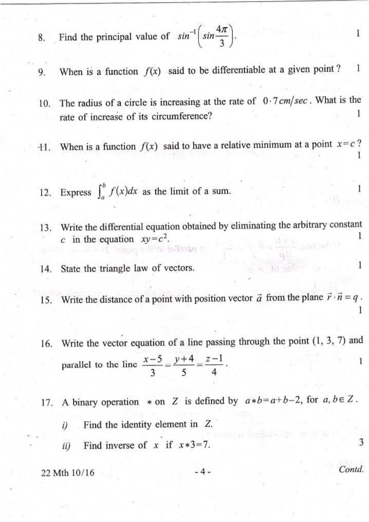 COHSEM Class 12 Mathematics 2016 Question Papers - Page 4