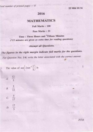 COHSEM Class 12 Mathematics 2016 Question Papers