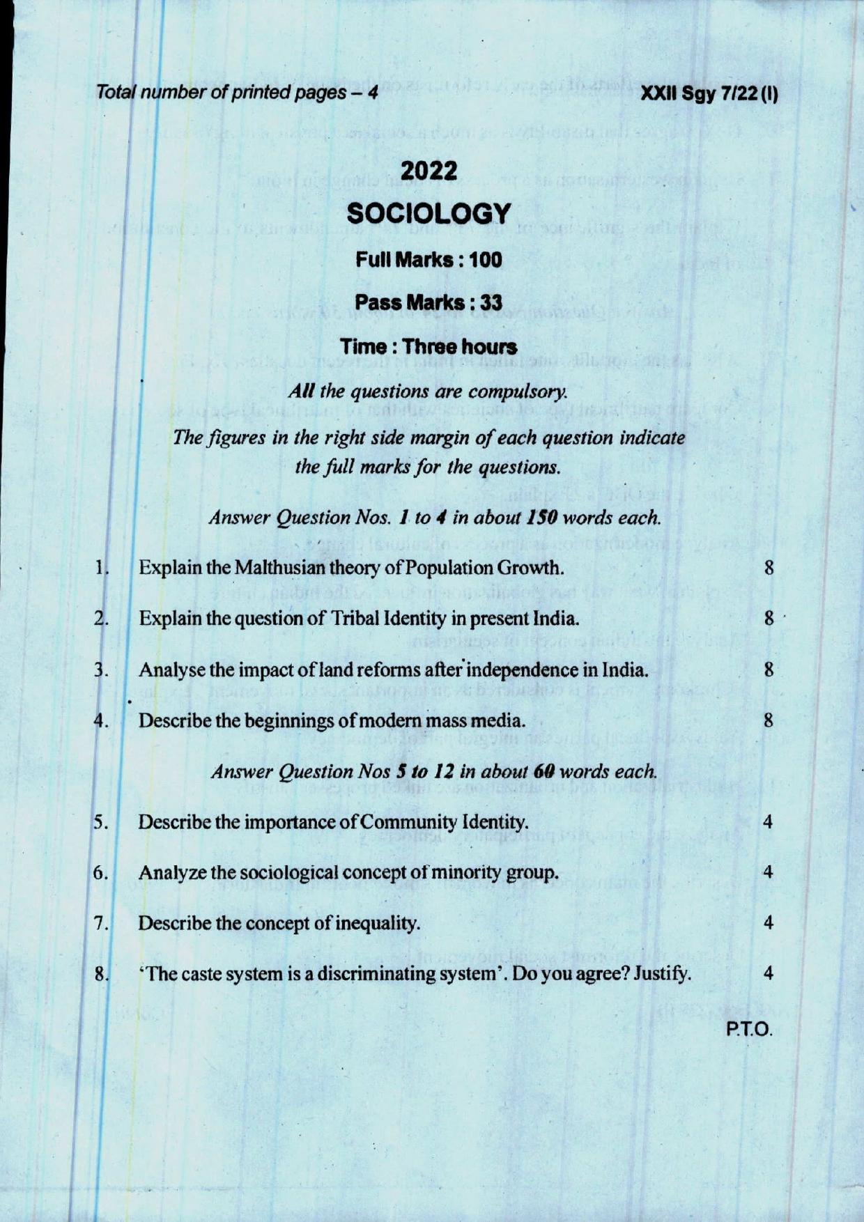 COHSEM 12th Question Papers Improvement 2022 Sociology - Page 1