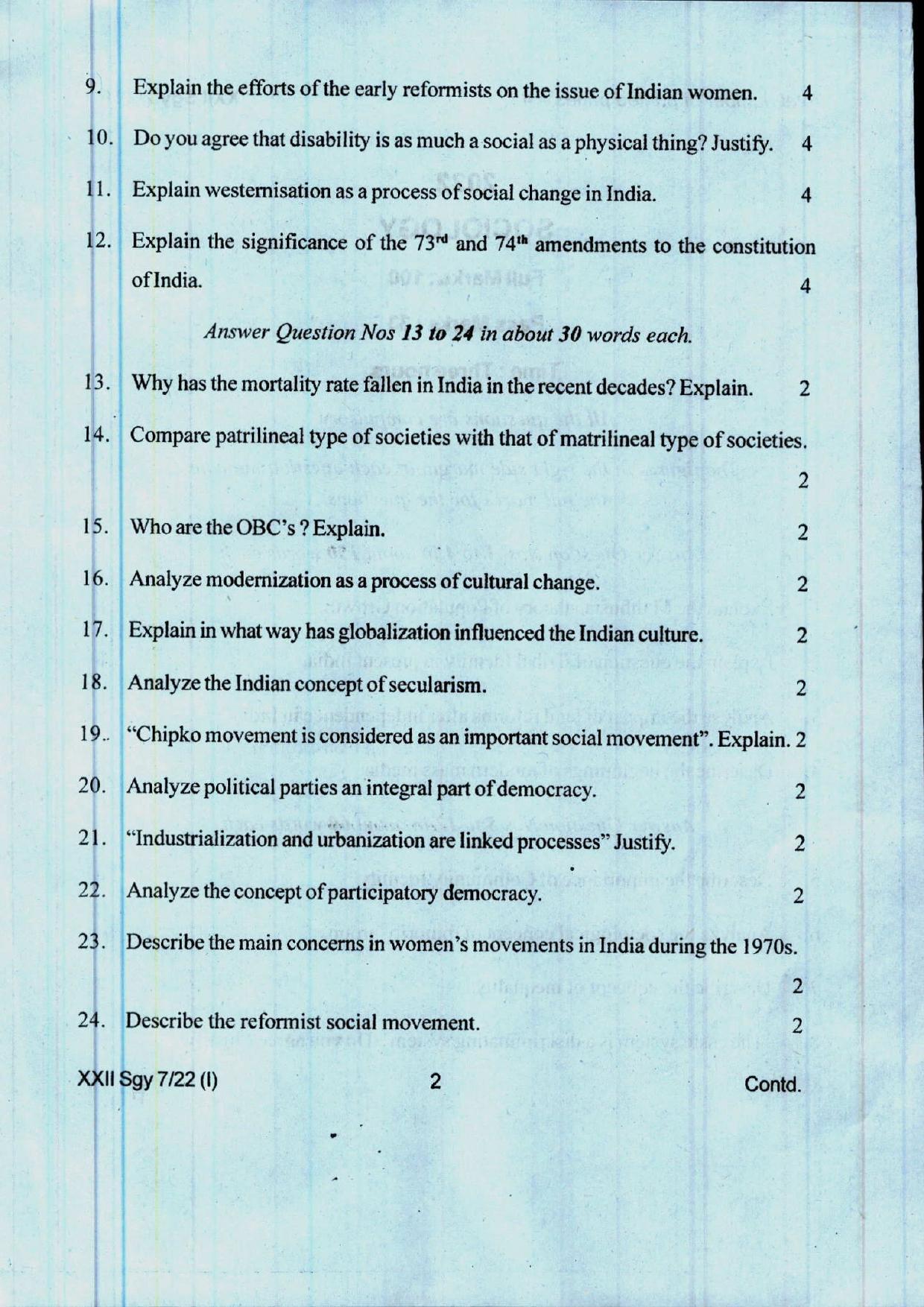 COHSEM 12th Question Papers Improvement 2022 Sociology - Page 2