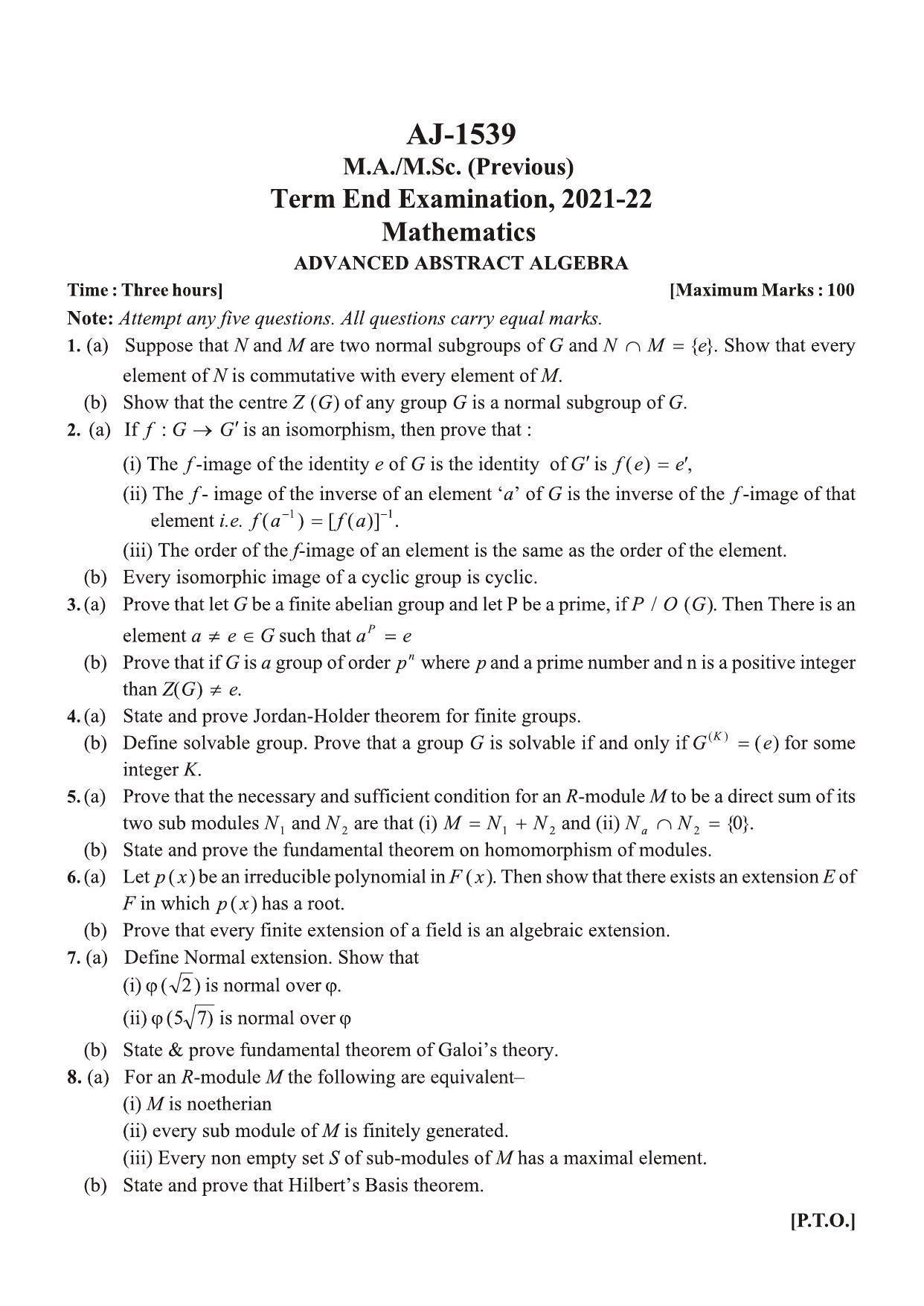 Bilaspur University Question Paper 2021-2022:M.A (Previous) Mathematics Advanced Abstract Algebra Paper 1 - Page 1