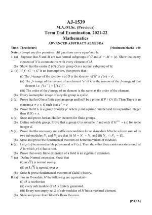 Bilaspur University Question Paper 2021-2022:M.A (Previous) Mathematics Advanced Abstract Algebra Paper 1